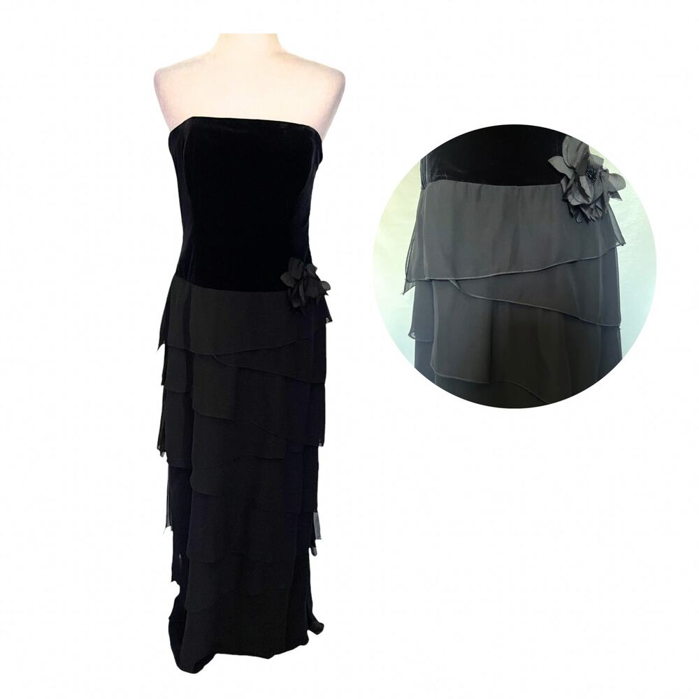 Xscape Joanna Chen Velvet Chiffon Strapless Dress 12 Prom Glam Goth Drop Waist - Picture 2 of 16